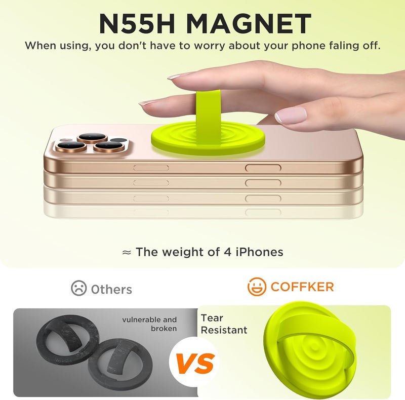 COFFKER Magnetic Phone Grip Ring Holder, Liquid Silicone Magnet Cell Phone Grip Finger Loop, Compatible with Magsafe, Back of Phone for iPhone 17/16/15/14/13/12 Series, Neon Yellow - Image 5